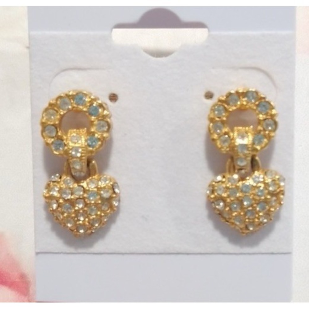 Vintage Heart Stud Dangle Earrings Circle Pave Crystals Gold Tone 80s EC2